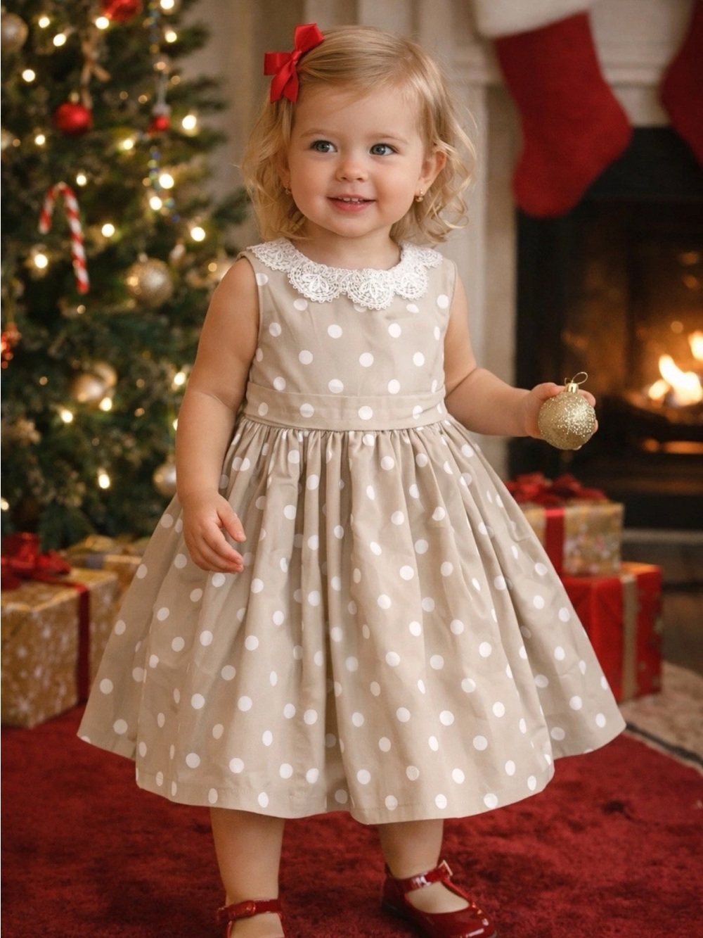 Neiman Marcus Beige Polka Dot Dress with Lace Collar